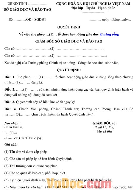 Mẫu quyết định về việc cho phép tổ chức hoạt động giáo dục kĩ năng sống