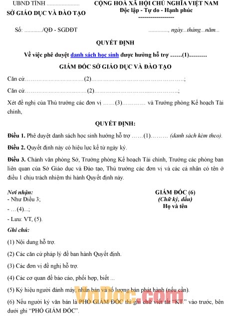 Mẫu quyết định về việc phê duyệt danh sách học sinh được hưởng hỗ trợ