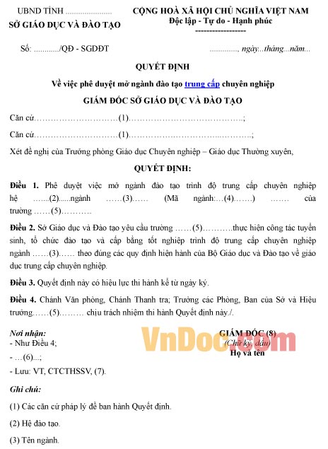 Mẫu quyết định về việc phê duyệt mở ngành đào tạo trung cấp chuyên nghiệp