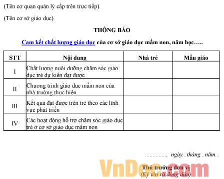 Mẫu thông báo về việc cam kết chất lượng giáo dục của cơ sở giáo dục mầm non