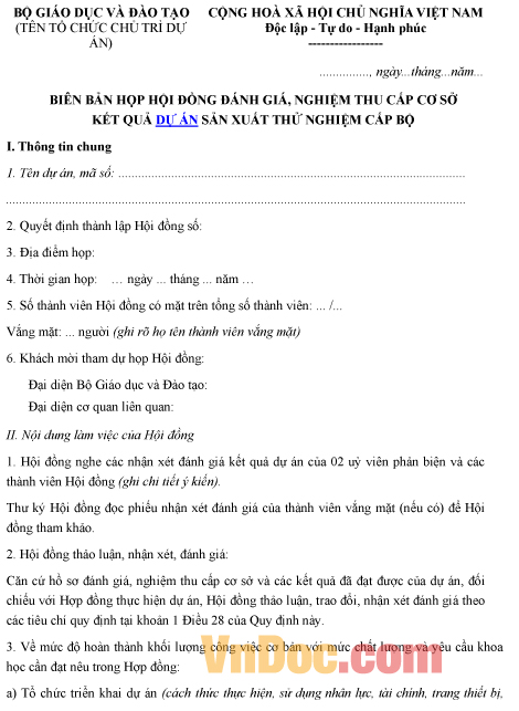 Mẫu biên bản ghi chép họp hội đồng đánh giá nghiệm thu kết quả dự án sản xuất thử nghiệm cấp bộ