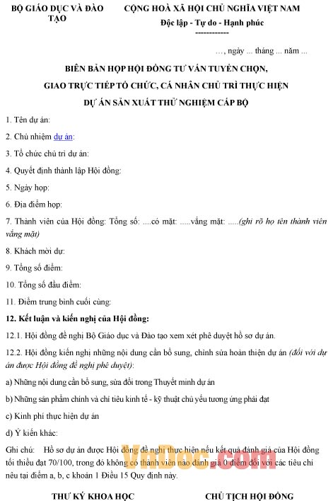Mẫu biên bản ghi chép việc họp tuyển chọn cá nhân, tổ chức thực hiện dự án sản xuất thử nghiệm cấp bộ