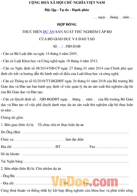 Mẫu hợp đồng thỏa thuận thực hiện dự án sản xuất thử nghiệm cấp bộ