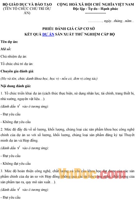 Mẫu phiếu ghi chép đánh giá cấp cơ sở kết quả dự án sản xuất thử nghiệm cấp bộ