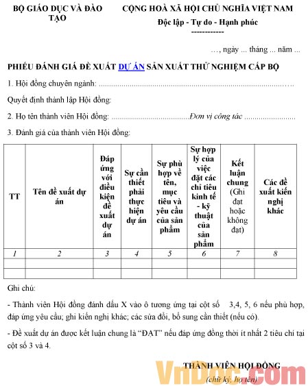 Mẫu phiếu đánh giá về đề xuất dự án sản xuất thử nghiệm cấp bộ