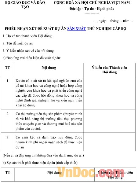 Mẫu phiếu nhận xét về đề xuất dự án sản xuất thử nghiệm cấp bộ
