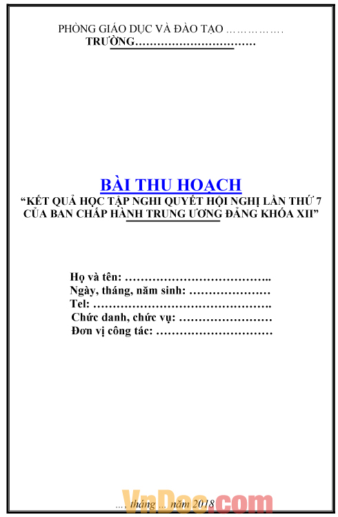 Mẫu bìa bài thu hoạch học tập Nghị quyết Trung Ương 7 khóa XII