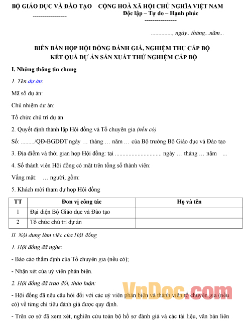 Mẫu biên bản họp hội đồng ghi chép đánh giá, nghiệm thu cấp bộ kết quả dự án sản xuất thử nghiệm cấp bộ