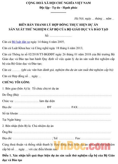 Mẫu biên bản ghi chép việc thanh lý hợp đồng thực hiện dự án sản xuất thử nghiệm cấp bộ