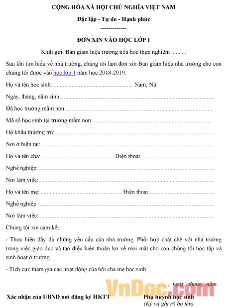 Mẫu đơn xin vào học lớp 1 trường thực nghiệm