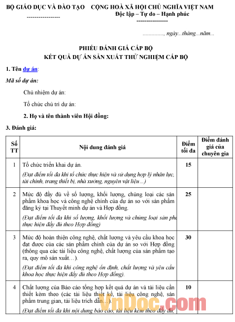 Mẫu phiếu đánh giá cấp bộ về kết quả dự án sản xuất thử nghiệm cấp bộ