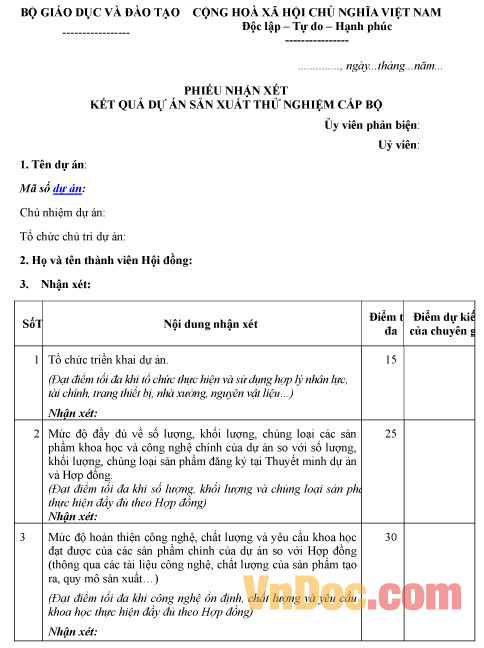 Mẫu phiếu ghi chép nhận xét kết quả dự án sản xuất thử nghiệm cấp bộ