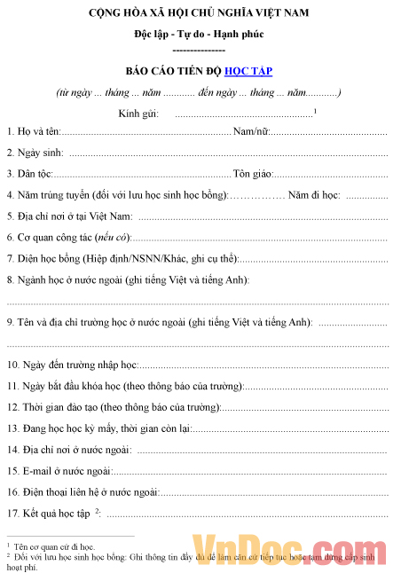 Mẫu báo cáo về tiến độ học tập của công dân Việt Nam tại nước ngoài