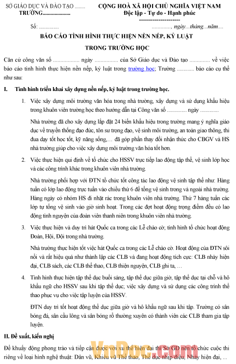 Mẫu báo cáo về tình hình thực hiện nề nếp kỷ luật trong nhà trường