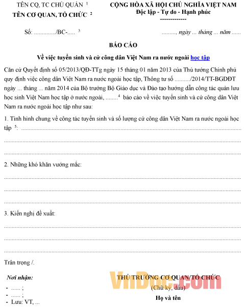 Mẫu báo cáo về việc tuyển sinh và cử công dân Việt Nam ra nước ngoài học tập