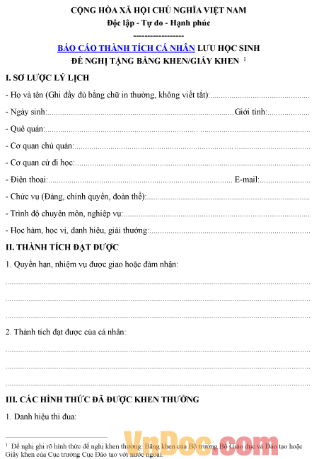 Mẫu báo cáo thành tích cá nhân của lưu học sinh đề nghị tặng bằng khen, giấy khen