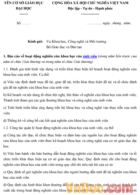 Mẫu công văn ghi chép việc tham gia xét giải thưởng Sinh viên nghiên cứu khoa học