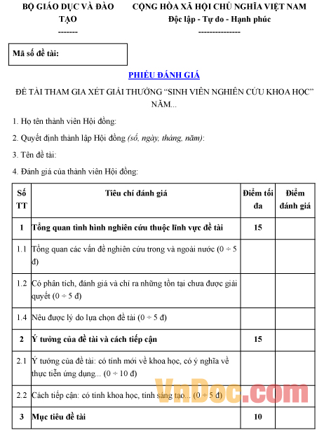 Mẫu phiếu đánh giá đề tài nghiên cứu khoa học