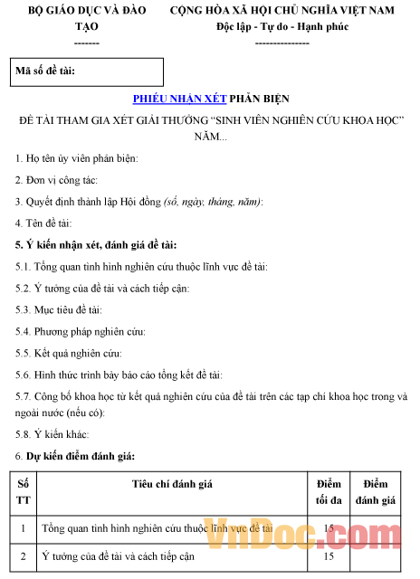 Mẫu phiếu nhận xét về việc phản biện đề tài