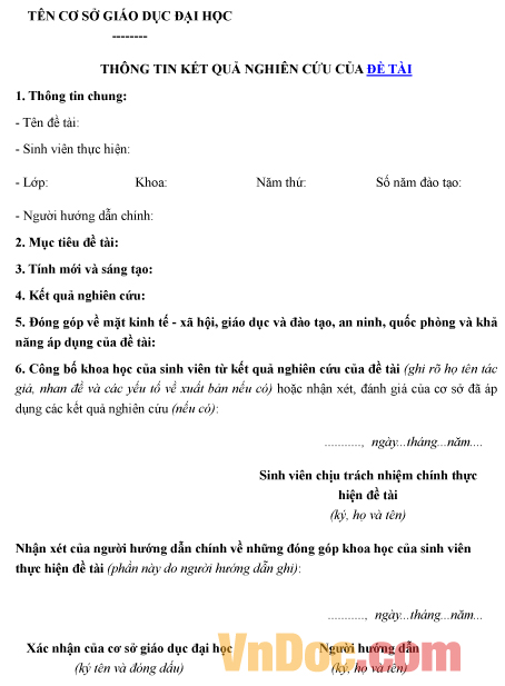 Mẫu ghi chép thông tin kết quả nghiên cứu đề tài