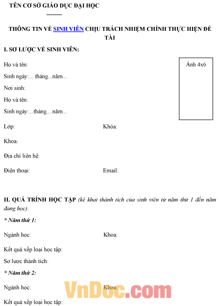 Mẫu ghi chép thông tin về sinh viên chịu trách nhiệm chính thực hiện đề tài