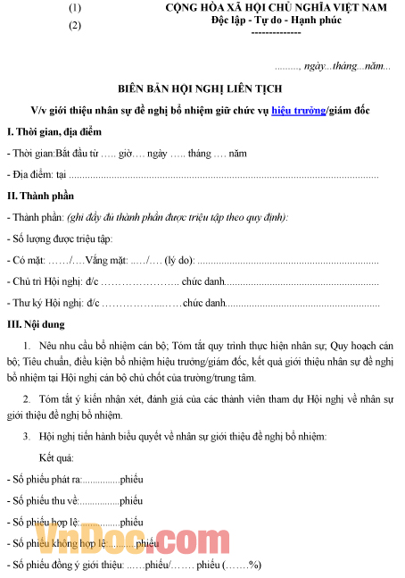 Mẫu biên bản hội nghị liên tịch giới thiệu nhân sự đề nghị bổ nhiệm hiệu trưởng