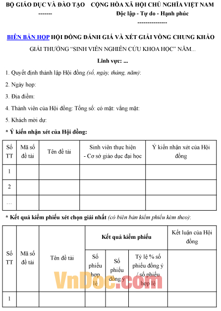 Mẫu biên bản ghi chép họp hội đồng đánh giá và xét giải vòng chung khảo