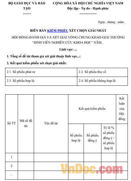 Mẫu biên bản ghi chép việc kiểm phiếu xét chọn giải nhất