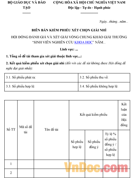 Mẫu biên bản ghi chép việc kiểm phiếu xét chọn giải nhì