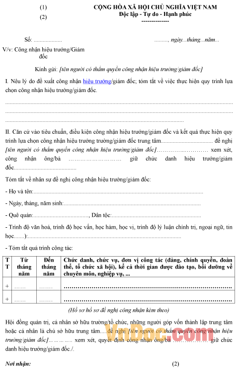 Mẫu công văn về việc công nhận hiệu trưởng