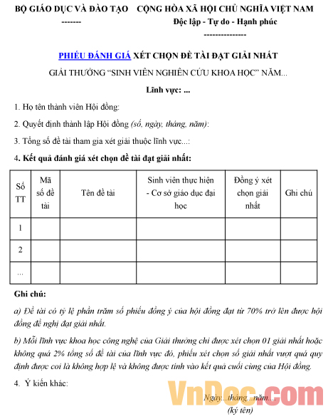 Mẫu phiếu ghi chép đánh giá xét chọn đề tài đạt giải nhất