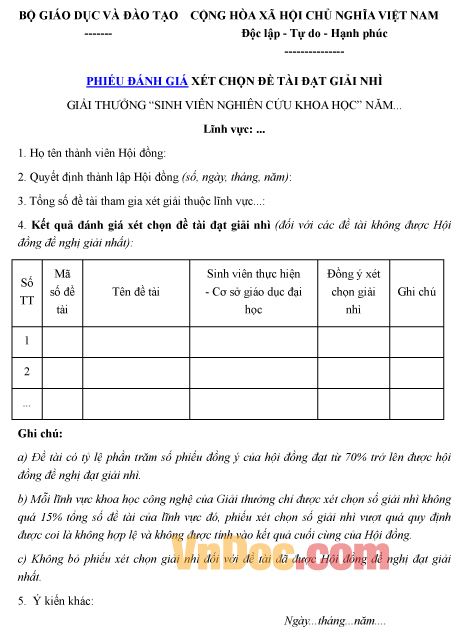 Mẫu phiếu ghi chép đánh giá xét chọn đề tài đạt giải nhì