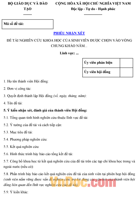 Mẫu phiếu ghi chép nhận xét đề tài được chọn vào vòng chung khảo