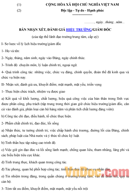 Mẫu bản ghi chép nhận xét, đánh giá hiệu trưởng, giám đốc