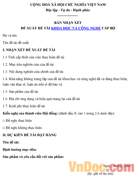 Mẫu bản nhận xét ghi chép đề xuất đề tài khoa học và công nghệ cấp bộ