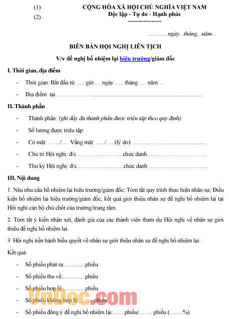 Mẫu biên bản về hội nghị liên tịch đề nghị bổ nhiệm lại hiệu trưởng
