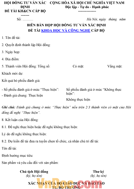 Mẫu biên bản ghi chép họp hội đồng tư vấn xác định đề tài khoa học và công nghệ cấp bộ