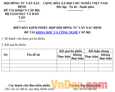 Mẫu biên bản kiểm phiếu về việc họp hội đồng tư vấn xác định đề tài khoa học và công nghệ