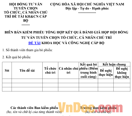 Mẫu biên bản kiểm phiếu về việc tổng hợp kết quả đánh giá họp hội đồng
