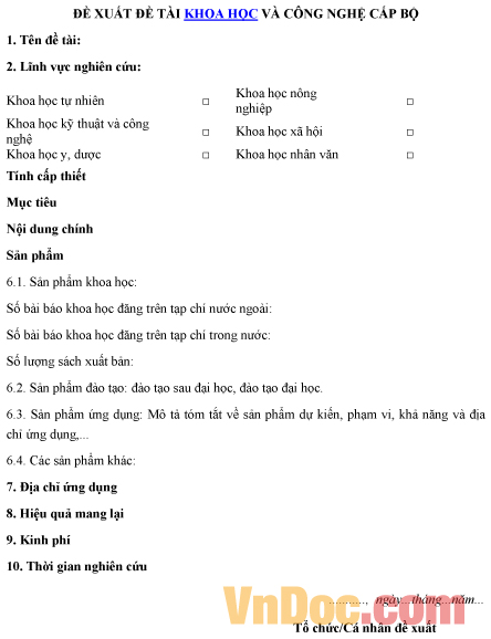 Mẫu đề xuất về đề tài khoa học và công nghệ