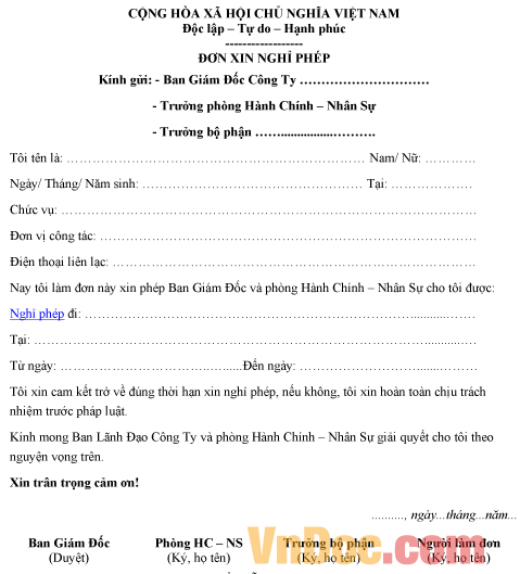 Mẫu đơn xin nghỉ phép để đi du lịch của nhân viên