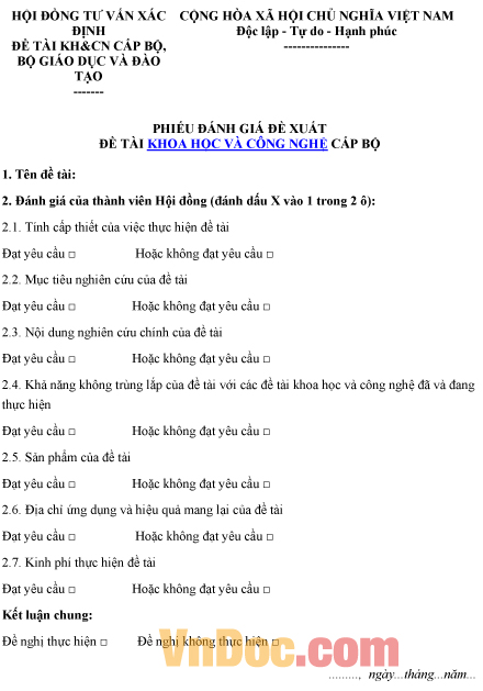 Mẫu phiếu ghi chép đánh giá đề xuất đề tài khoa học và công nghệ cấp bộ