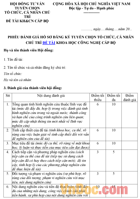 Mẫu phiếu đánh giá về hồ sơ đăng ký tổ chức, cá nhân chủ trì đề tài khoa học và công nghệ