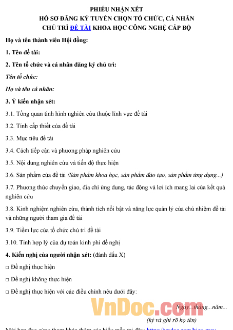Mẫu phiếu về việc nhận xét hồ sơ đăng ký tổ chức, cá nhân chủ trì đề tài khoa học và công nghệ
