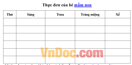 Mẫu thực đơn dinh dưỡng mầm non