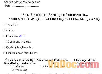 Mẫu bản giải trình về việc hoàn thiện hồ sơ đánh giá, nghiệm thu cấp bộ đề tài khoa học và công nghệ