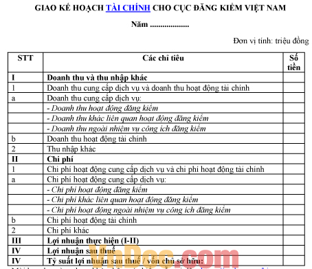 Mẫu bản ghi chép giao kế hoạch tài chính cho Cục Đăng kiểm Việt Nam