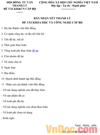 Mẫu bản nhận xét về việc thanh lý đề tài khoa học và công nghệ cấp bộ