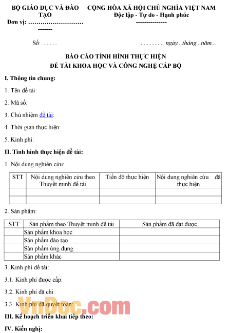 Mẫu báo cáo về tình hình thực hiện đề tài khoa học và công nghệ cấp bộ