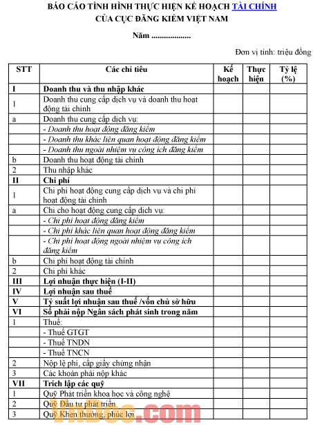 Mẫu báo cáo về tình hình thực hiện kế hoạch tài chính của Cục Đăng kiểm Việt Nam
